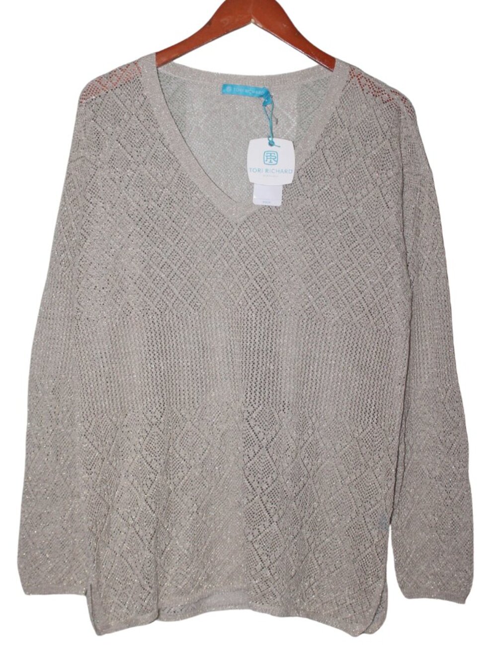 NEW Tori Richard Metallic Gold Pointelle Knit V Neck Sweater Large Luxe Top